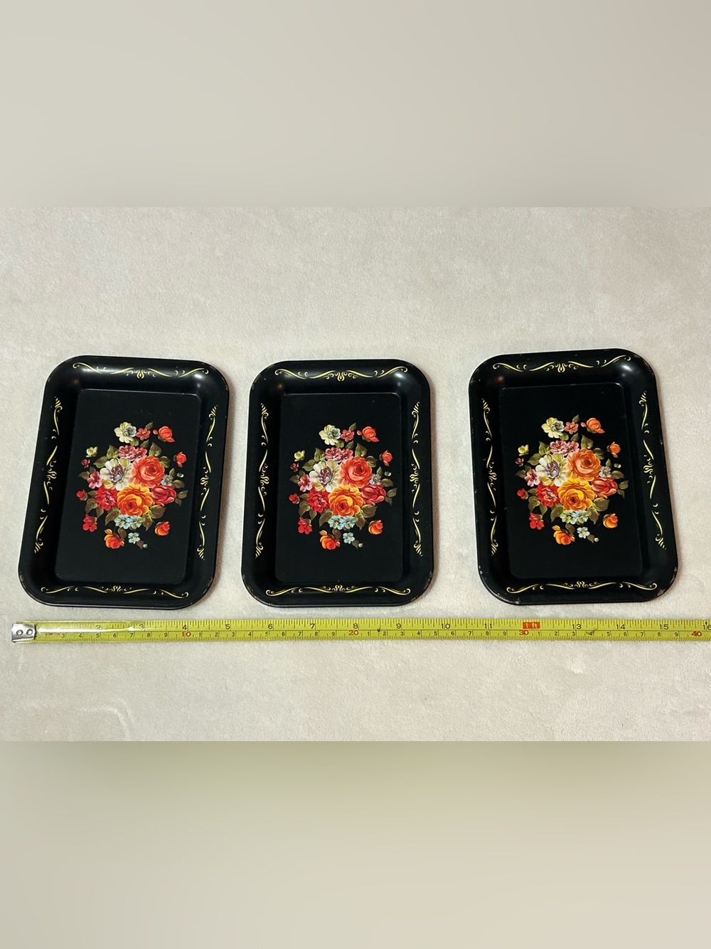 3 Vintage mini metal floral trays black multicolored flowers trinkets 1950s ring